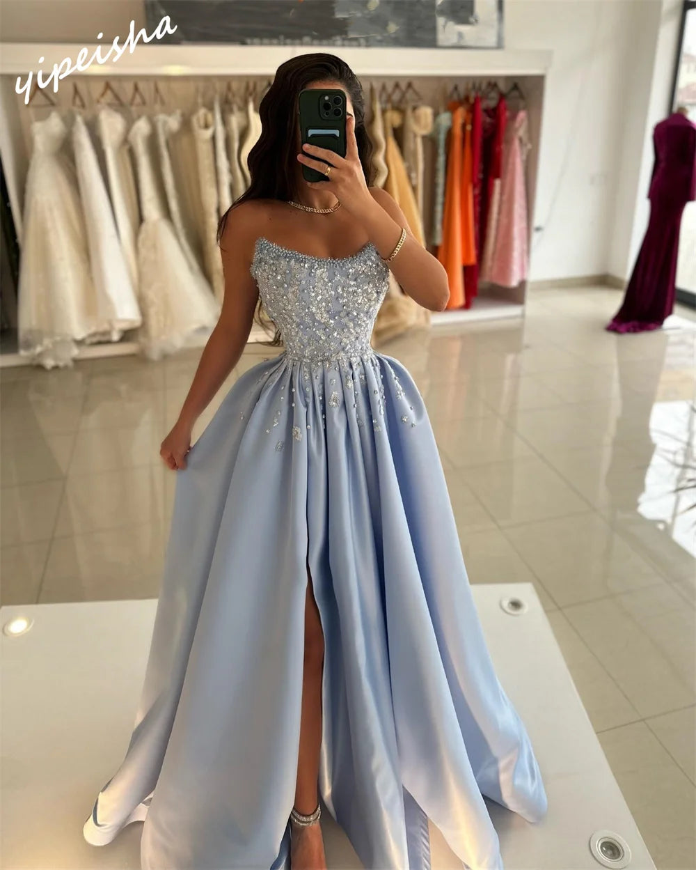 Yipeisha Prom Wedding Dinner Dress Exquisite Strapless Ball Gown Satin