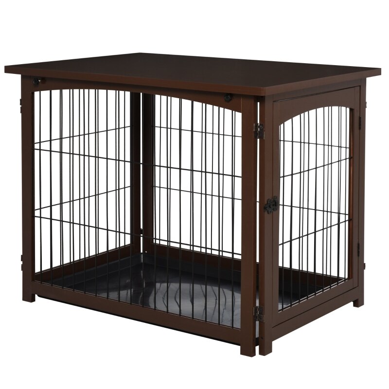 Wooden Decorative Dog Cage Pet Crate Fence Side Table Small Animal House with Tabletop, Lockable Door - Brown