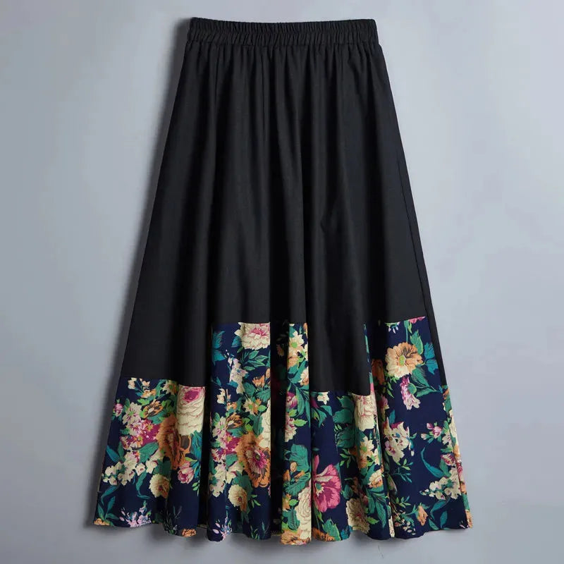 Big Swing Splicing Cotton Linen Elastic Waist Skirts