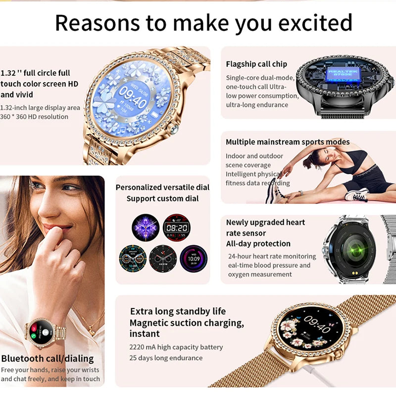 Xiaomi Fashion Women Bluetooth Call Smart Watch 1.32"360*360 HD Screen Sports Fitness Ladies Smartwatch Diamond Band+Gift