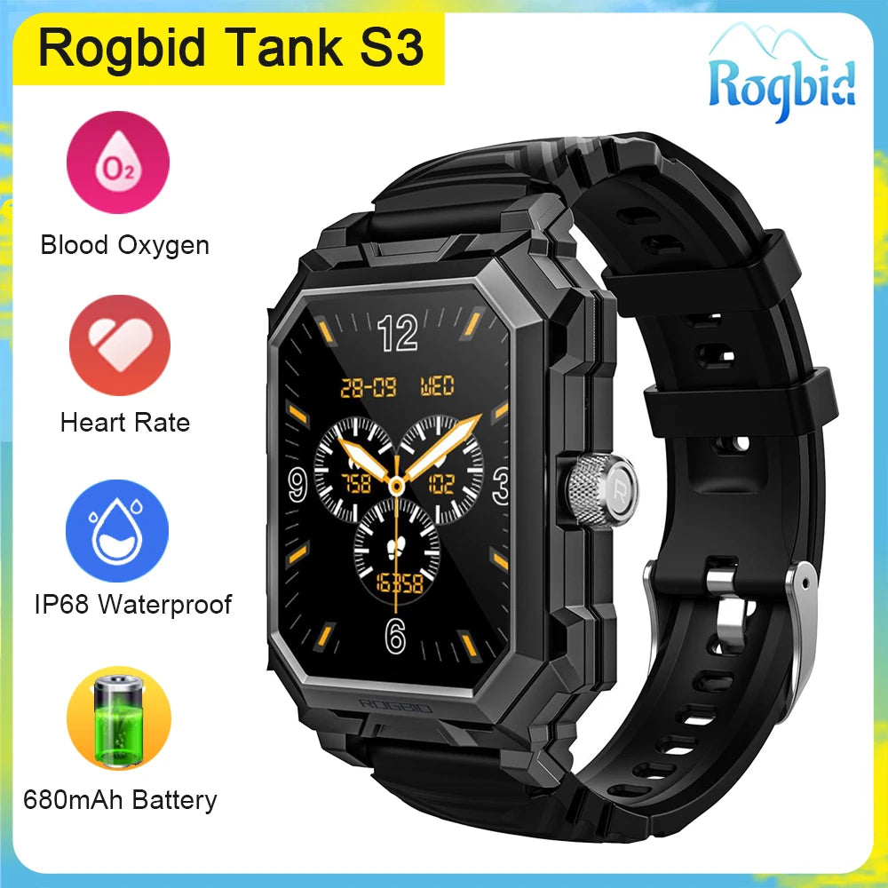 Rogbid Tank S3 Military Smart Watch Men 1.96in HD Screen IP68 Waterproof 680mAh Battery Bluetooth Call Outdoor Sports Smartwatch