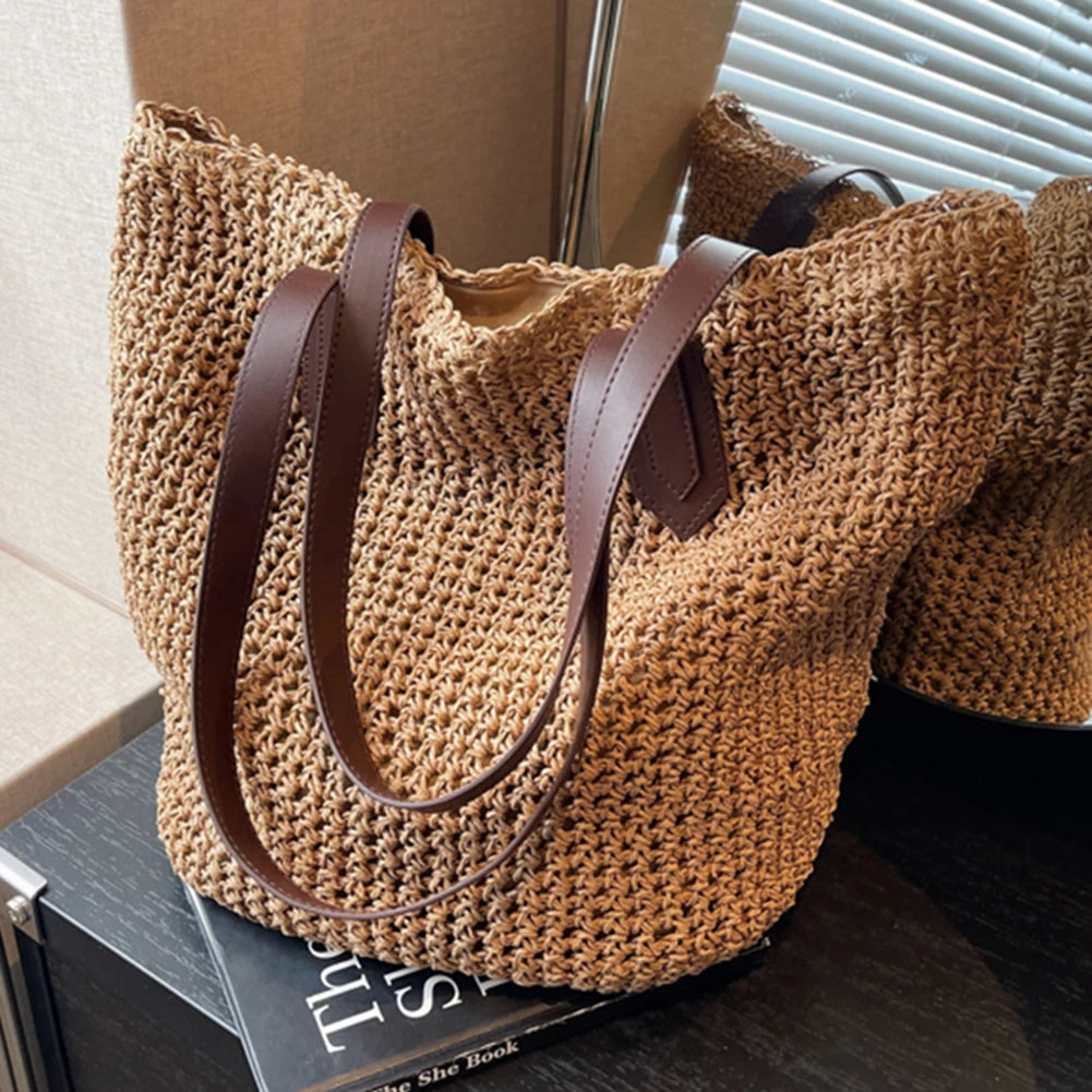 Luxury Design Straw Woven Tote Bags Summer Casual Large Capacity Handbags Bucket Basket Beach Bags Women Shoulder Shopping Bags