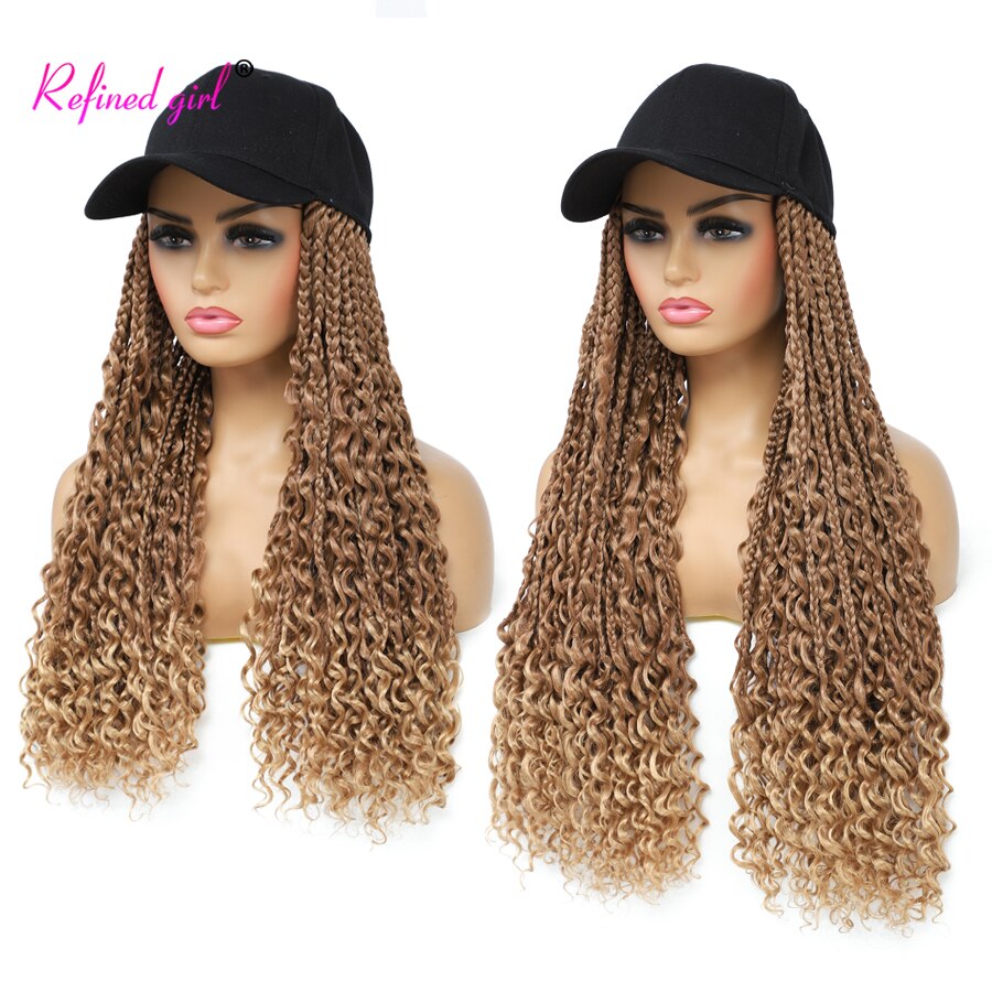 Braided Wig Baseball Cap With Boho Box Braids Hair Extensions Attached For Women Synthetic Curly Ends Box Crochet Hair Cap Wig