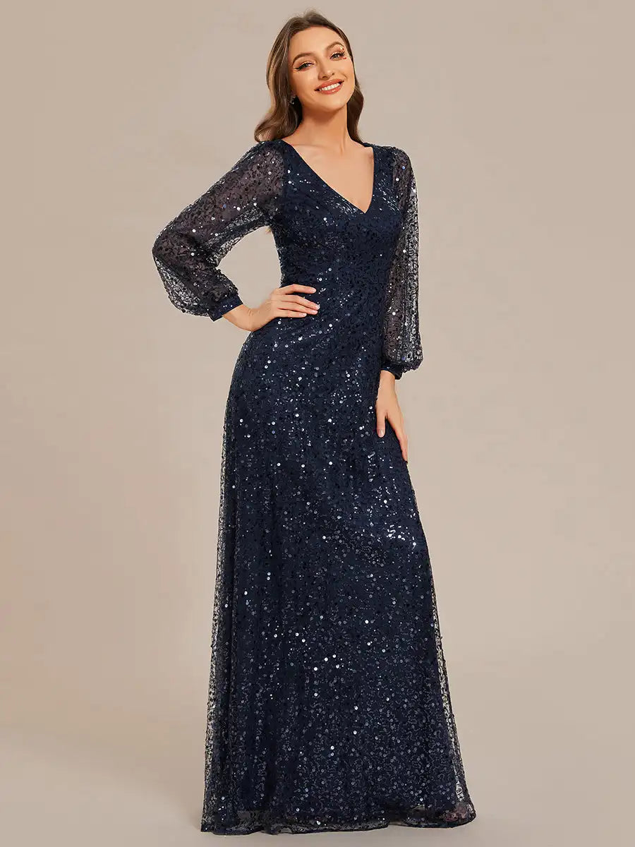 Gorgeous Evening dresses V-neck long sleeve Legant waisted Floor-Length 2023 BAZIIINGAAA of Sequin Navy Blue Guest dress