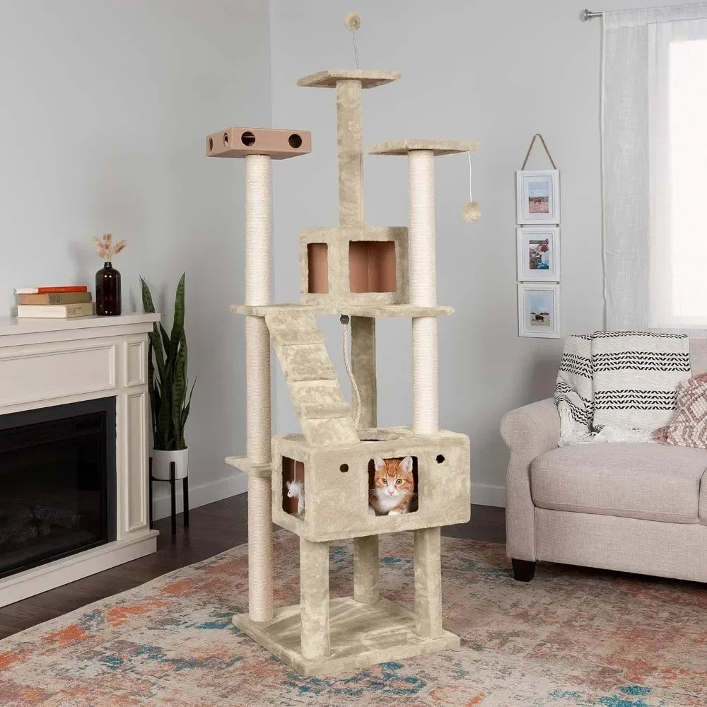 69.3" Tall Cat Tree for Indoor Cats, Ft. Sisal Scratching Posts, 2x Cat Condos, & Toys