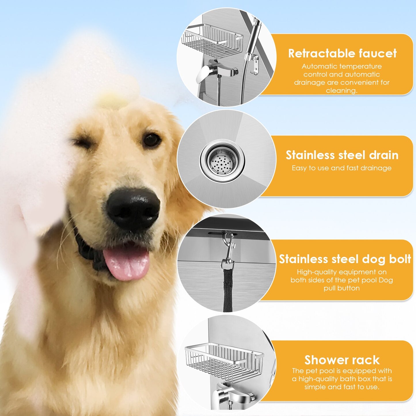 50 Inches Professional Stainless Steel Pet Dog Grooming Bath Tub Station Wash Shower Sink with Faucet Walk in Ramp Accessories