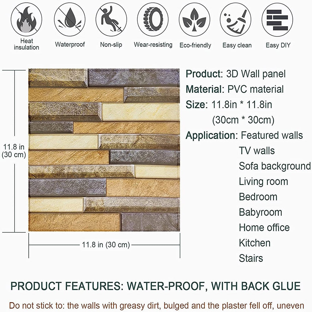 12pcs 3D Wall Sticker Brick Grain Pattern PVC Waterproof Self-Adhesive Wall Paper 30x30cm Bathroom Wall Stickers Pegatinas Pared - DJVWellnessandPets