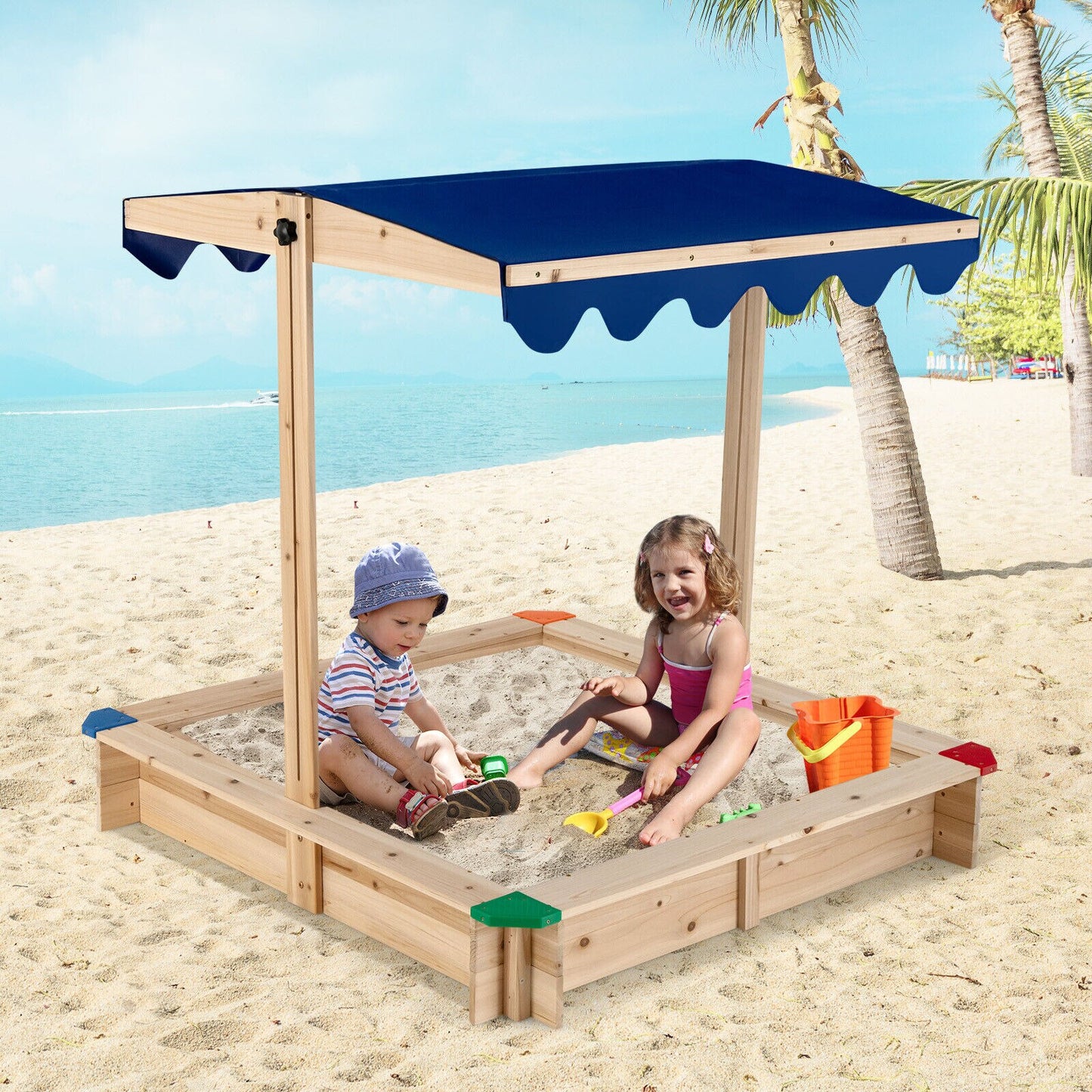 Costway Kids Wooden Sandbox with Height Adjustable &amp; Rotatable Canopy Outdoor Playset - DJVWellnessandPets