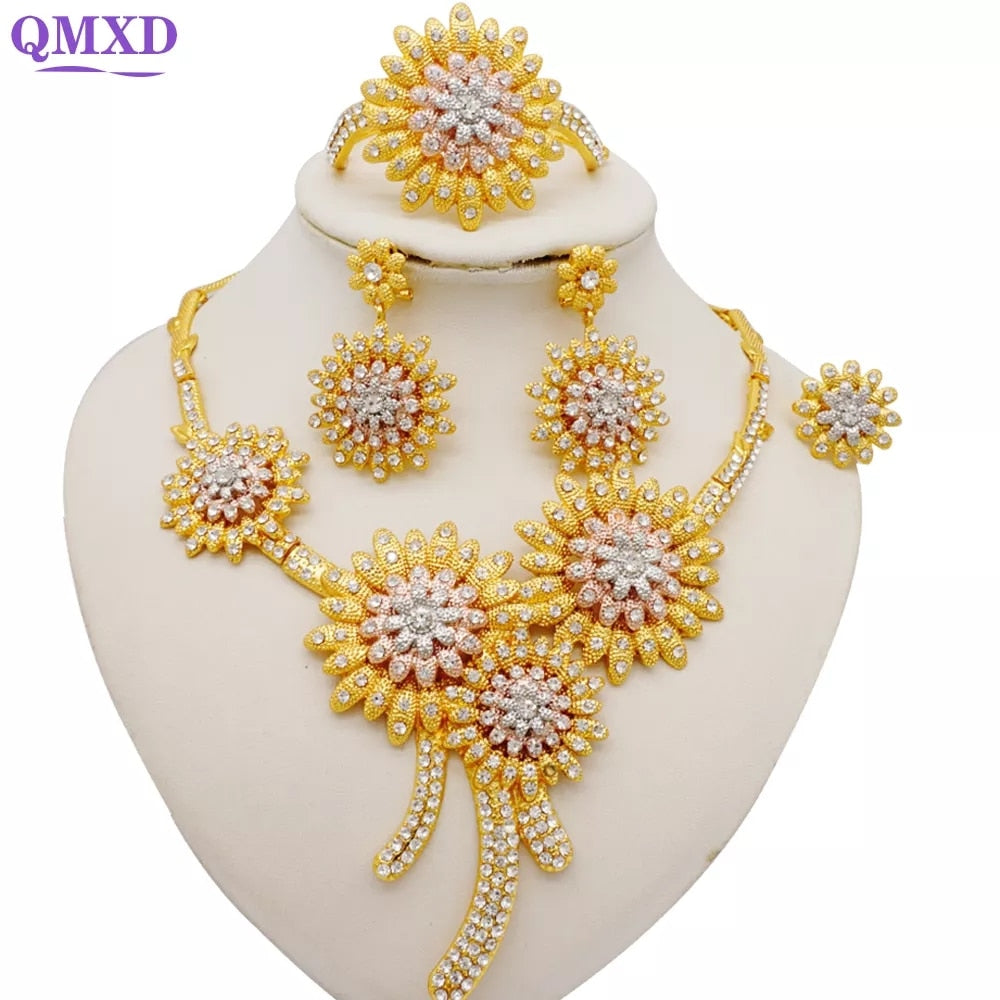 Dubai Jewelry Sets Women Fashion Necklace Sets Women Necklace Gold Color Bracelet African Women Nigerian Crystal Jewelry Sets