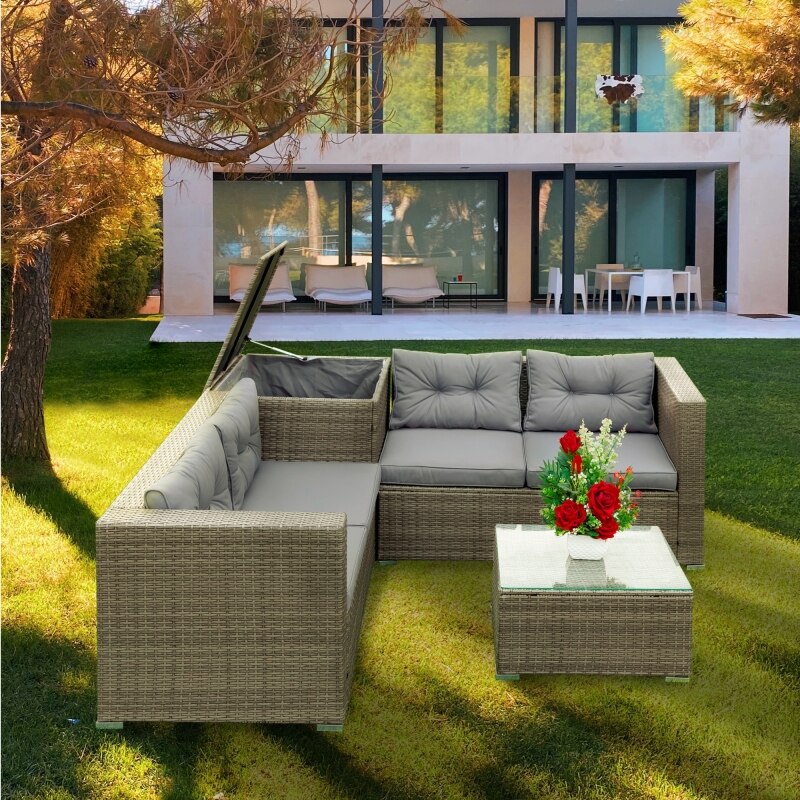 4 Piece Patio Sectional Wicker Rattan Outdoor Furniture Sofa Set with Storage Box Grey - DJVWellnessandPets