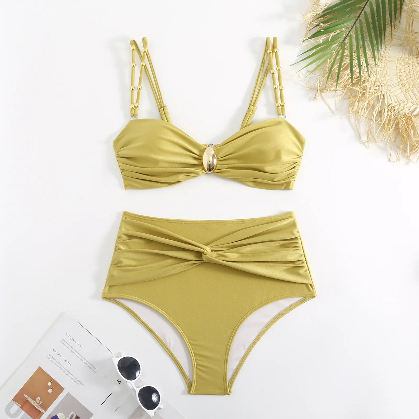 Solid Yellow High Waist Bikini Set Cover-Up