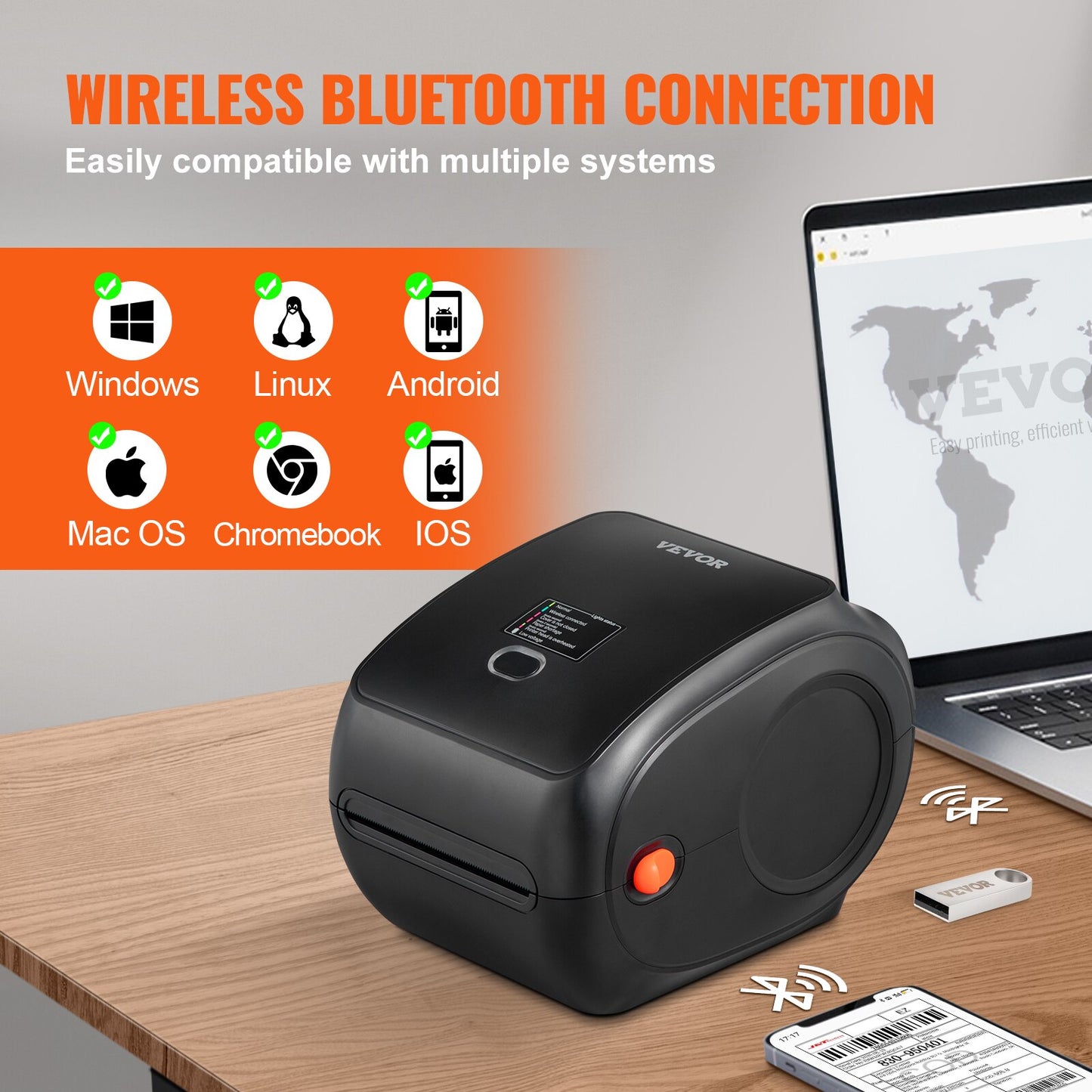 VEVOR Bluetooth Thermal Label Printer 300dpi USB Label Barcode Maker Sticker Compatible W/ Android IOS Windows Mac OS Chromebook