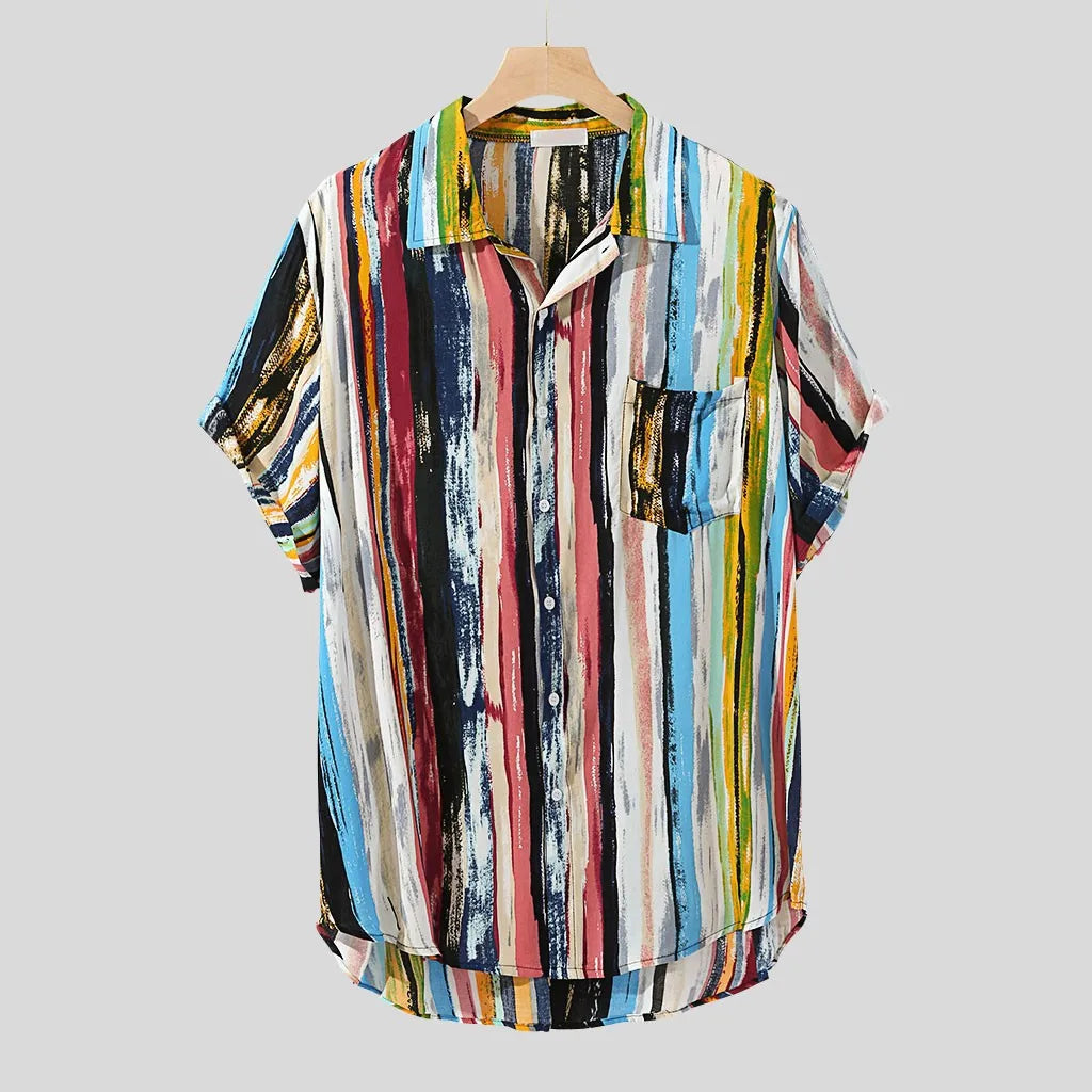 Mens Striped Loose Shirts Lump Chest Pocket Short Sleeve Turn Down Collar Male Blouse Summer Shirt Fashion Tops Ropa Hombre