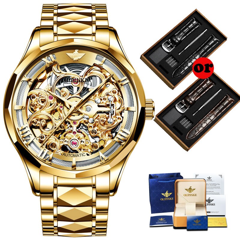 OUPINKE Original Mechanical Watches Gold Skeleton Self Winding Sapphire Crystal Waterproof Tungsten Steel TOP Wristwatch