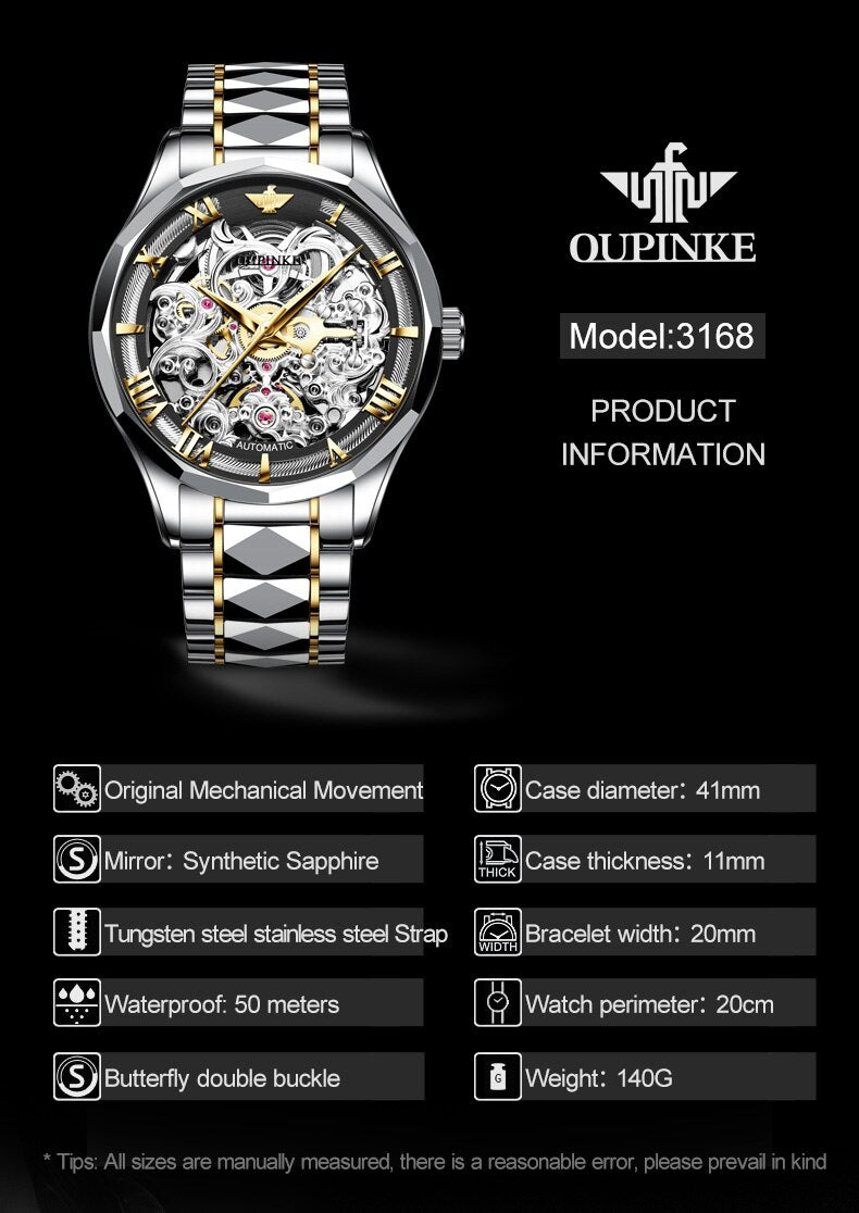 OUPINKE Original Mechanical Watches Gold Skeleton Self Winding Sapphire Crystal Waterproof Tungsten Steel TOP Wristwatch