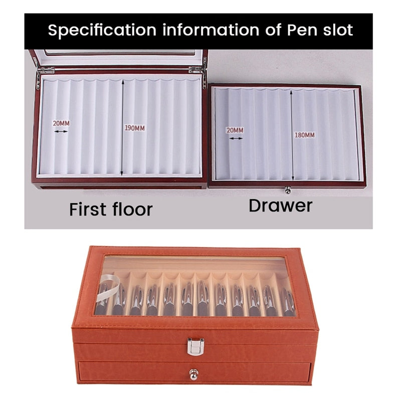 24 Slots Wooden Pen Display Storage Box Luxury 2 Layer PU Pen Case Fountain Pen-Collector Jewelry Organizer