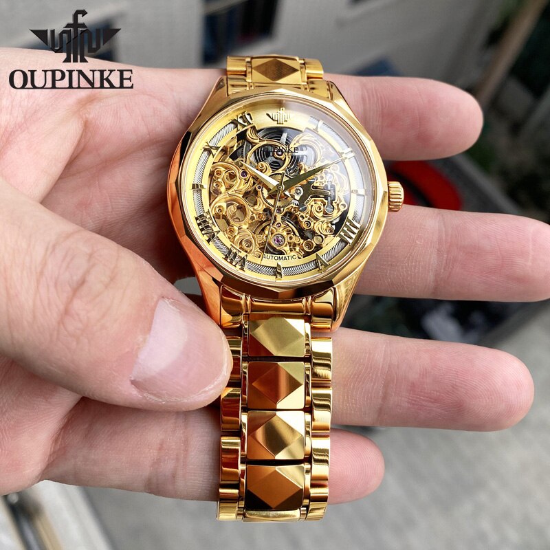 OUPINKE Original Mechanical Watches Gold Skeleton Self Winding Sapphire Crystal Waterproof Tungsten Steel TOP Wristwatch