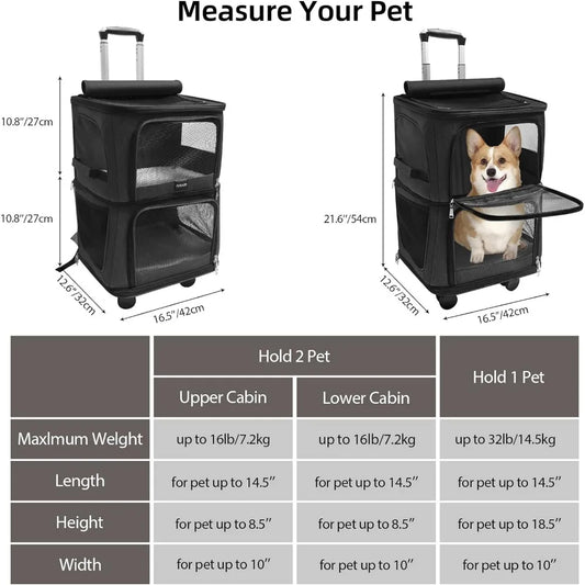 Double-Compartment 2 Pet Rolling Carrier Backpack with Wheels