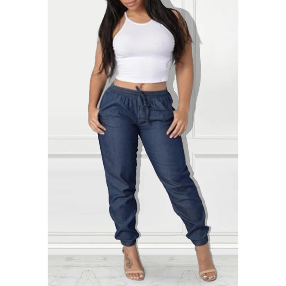 Plus Size Daily Jean Deep Blue Elastic Waist Lace-Up