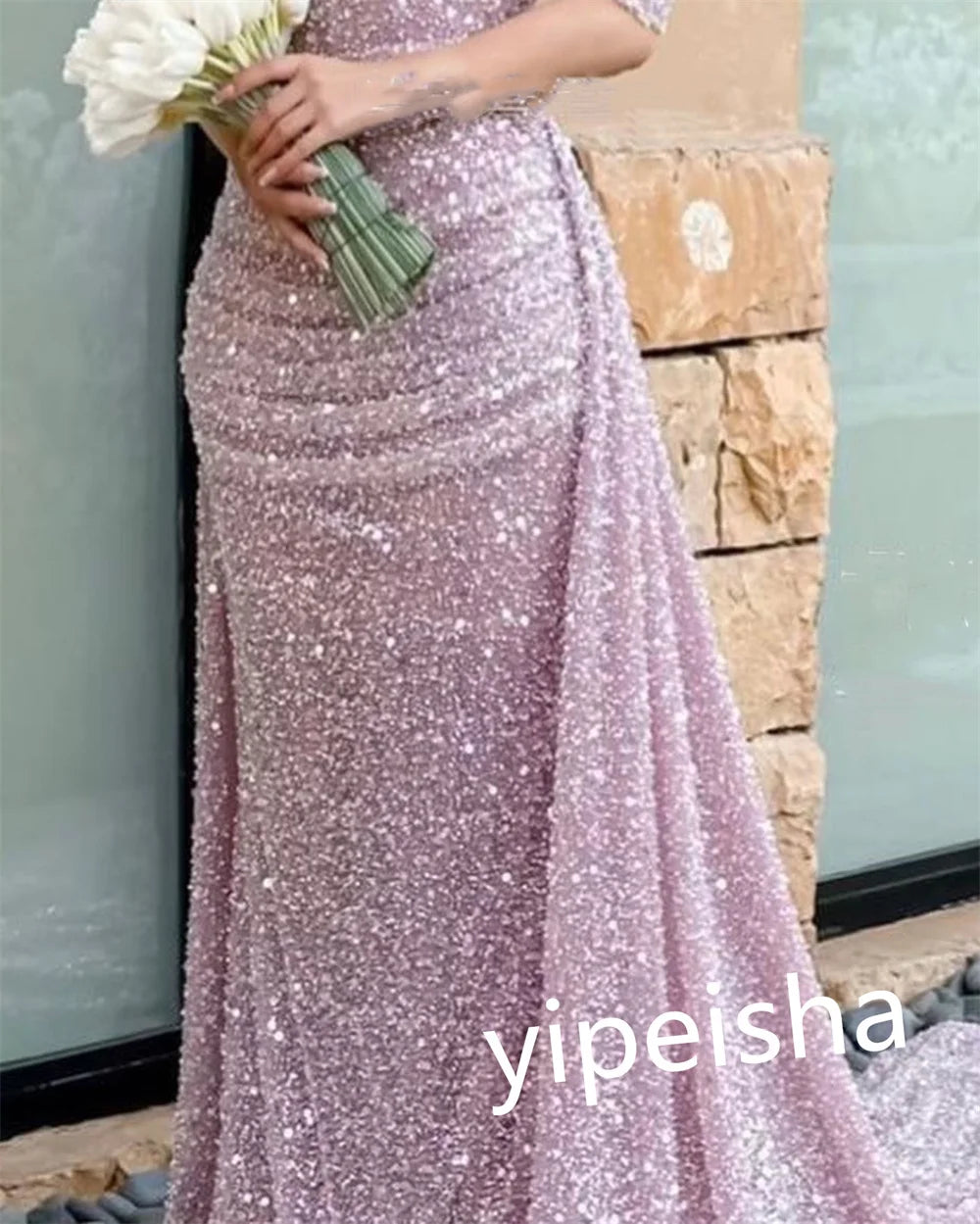 Evening Ball Dress Saudi Arabia Sequin Draped Pleat