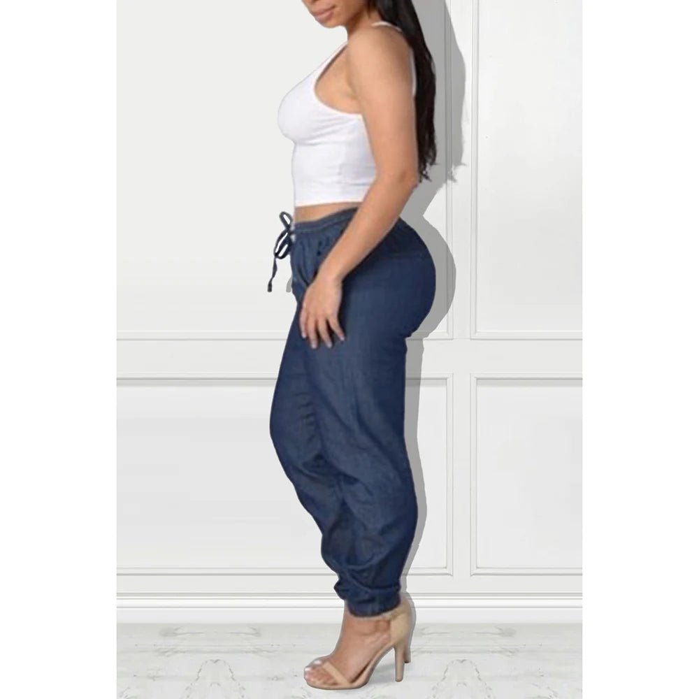 Plus Size Daily Jean Deep Blue Elastic Waist Lace-Up