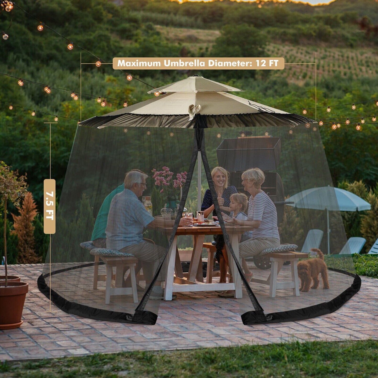 Patiojoy 8-12 FT Patio Umbrella Table Mesh Screen Cover Mosquito Bug Insect Netting Black