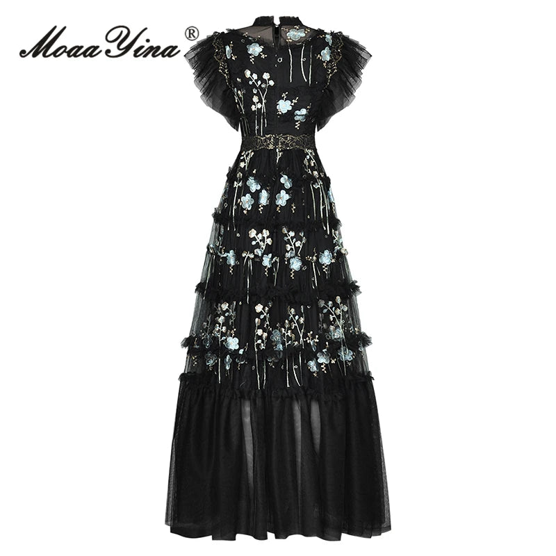 Vintage Mesh Party Stand Collar Embroidery Elastic Waist Ruffles Dress