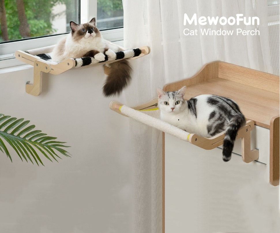 Mewoofun Cat Window Perch Wooden Assembly Sturdy Hanging Hammock Cotton Canvas Easy Wash Multilayer Plywood Sunbathing Cat Nest