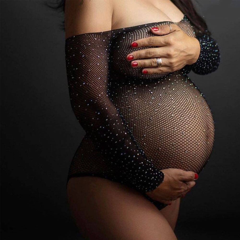 Bodysuit Rhinestones Maternity Photo Shoot Women One Size Sexy Clothes Black Gown For Pregnant Studio Accessories Body Outfit