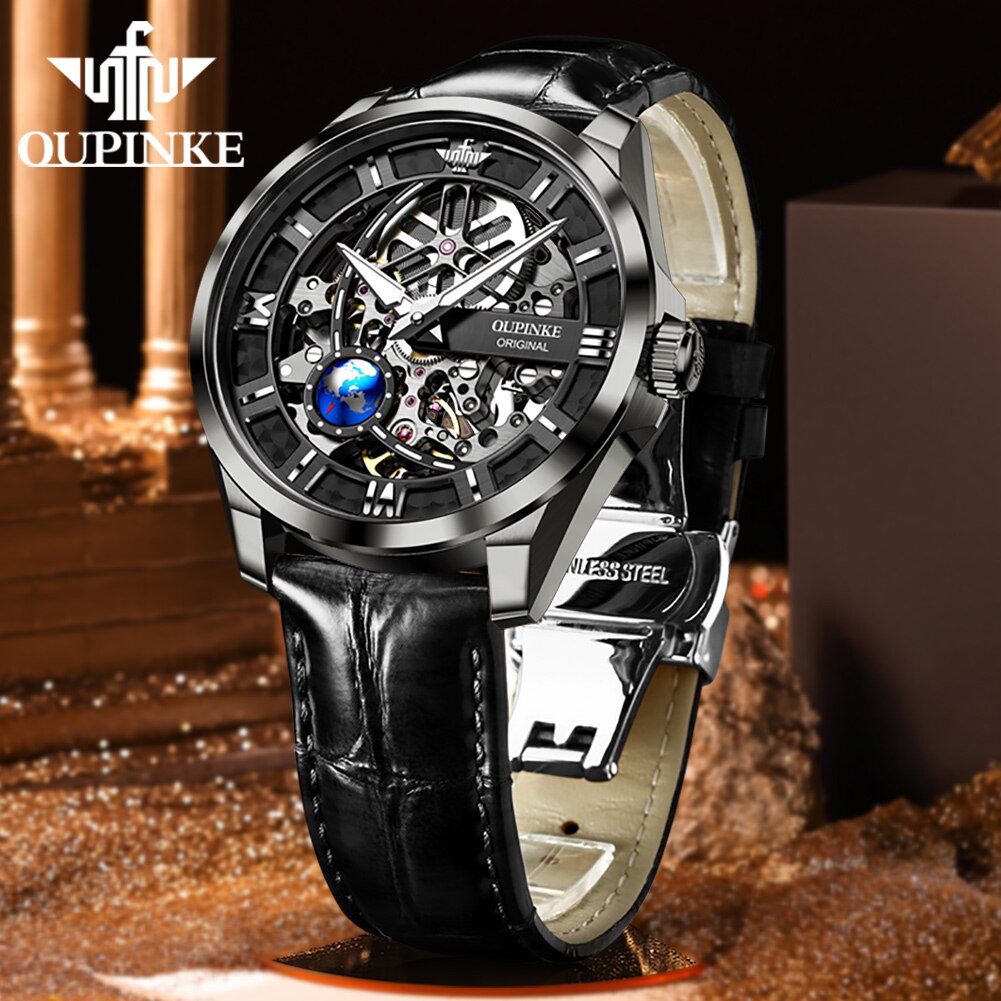 Genuine OUPINKE Skeleton Automatic Mechanical Watches For Men Comfortable Leather Strap Sapphire Mirror Sport Wristwatch - DJVWellnessandPets