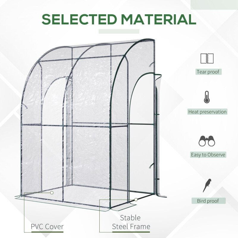 4.5&#39; x 4&#39; x 7&#39; Outdoor Walk-In Lean to Wall Tunnel Greenhouse with 2 Zippered Roll Up Doors PVC Cover Sloping Top, Clear, Green - DJVWellnessandPets