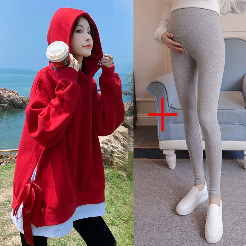 new maternity suits large size mid-length two-piece suit pregnant women big red hooded sweater ladies casual loose top