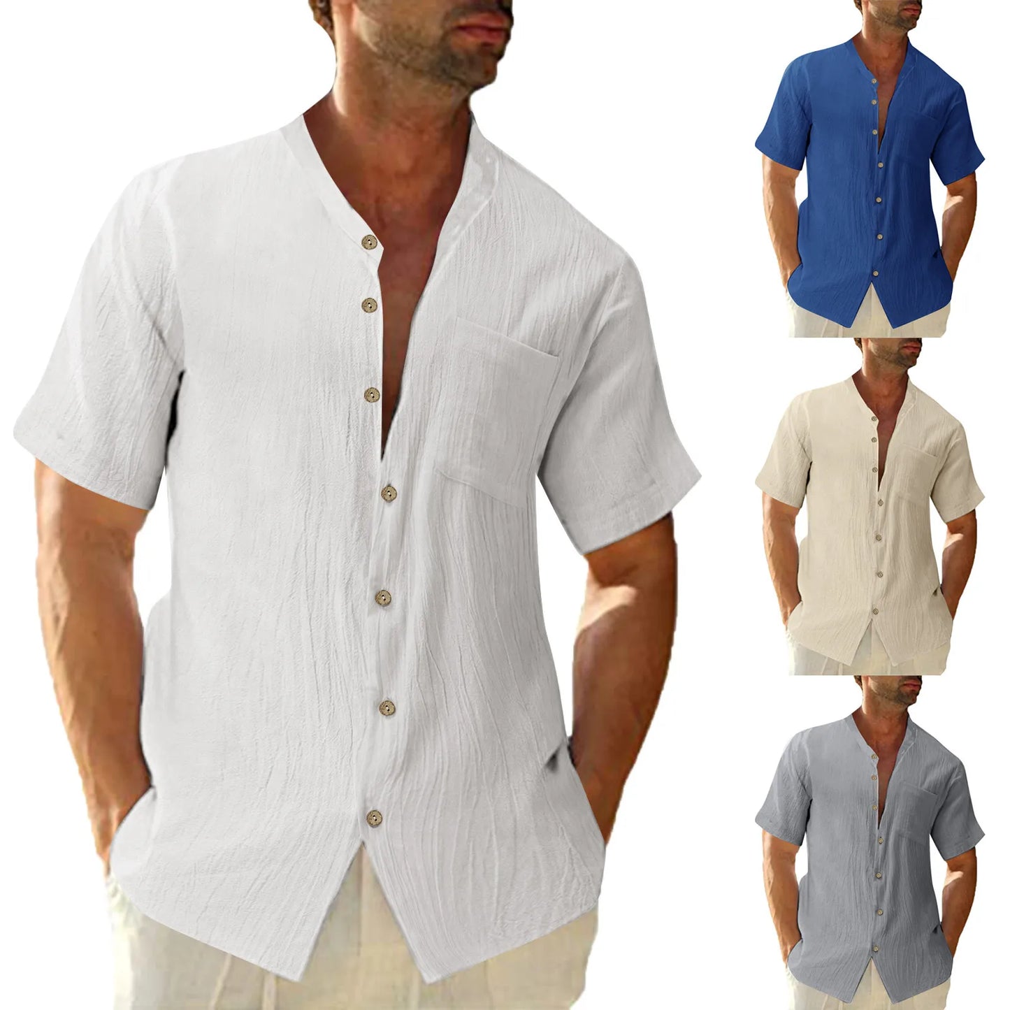 Mens Summer Blouse Casual Solid Color Pocket Single Breasted Cotton Linen Shirt Short Sleeve  Streetwear Tops футболка мужская