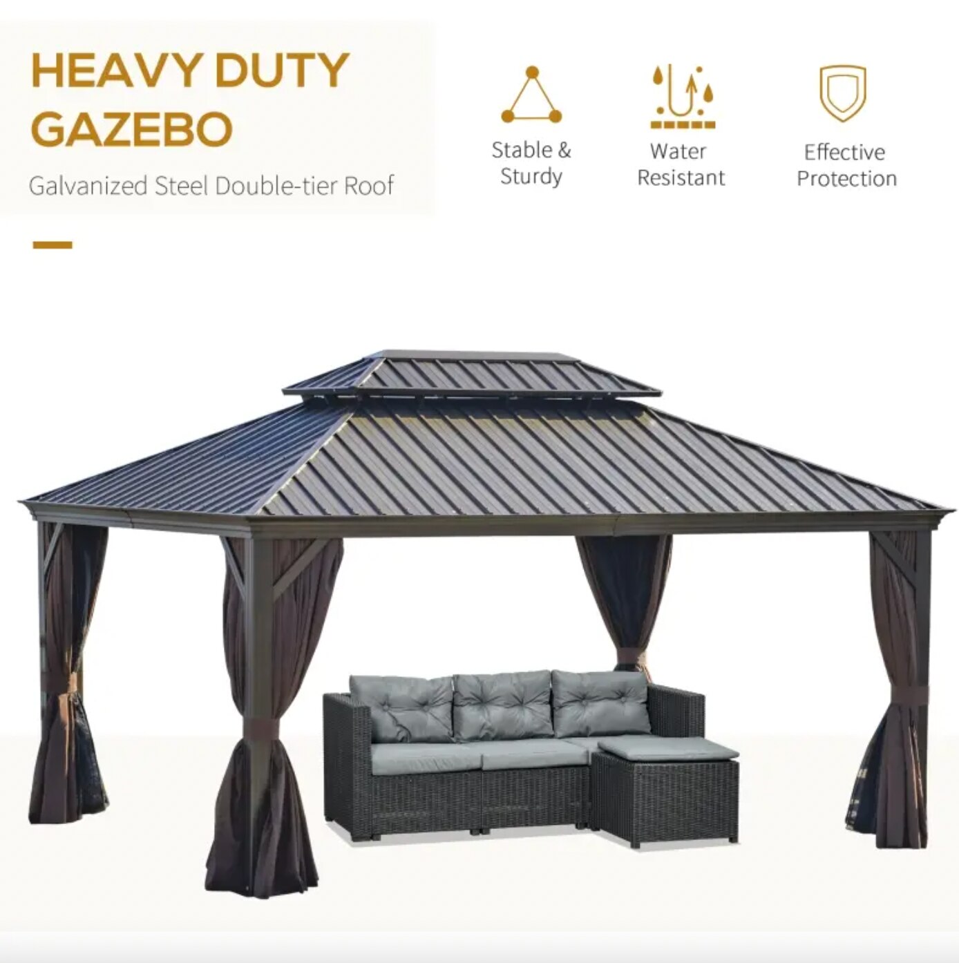 16&#39; x 12&#39; Outdoor Hard Top Terrace Gazebo with Galvanized Steel Frame, Mesh Sidewalls, Privacy Curtains, Brown - DJVWellnessandPets