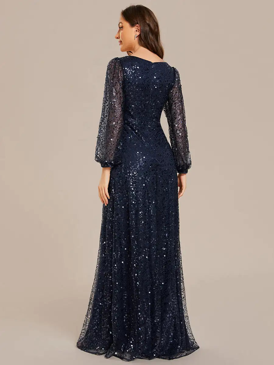 Gorgeous Evening dresses V-neck long sleeve Legant waisted Floor-Length 2023 BAZIIINGAAA of Sequin Navy Blue Guest dress