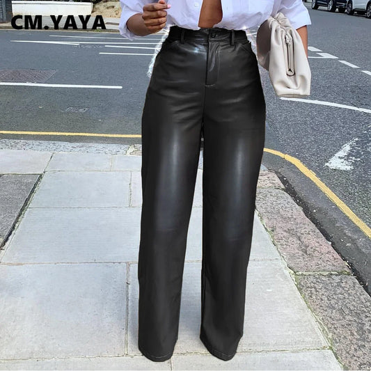 CM.YAYA Women Faux Leather Pu Black High Waist Straight Trousers