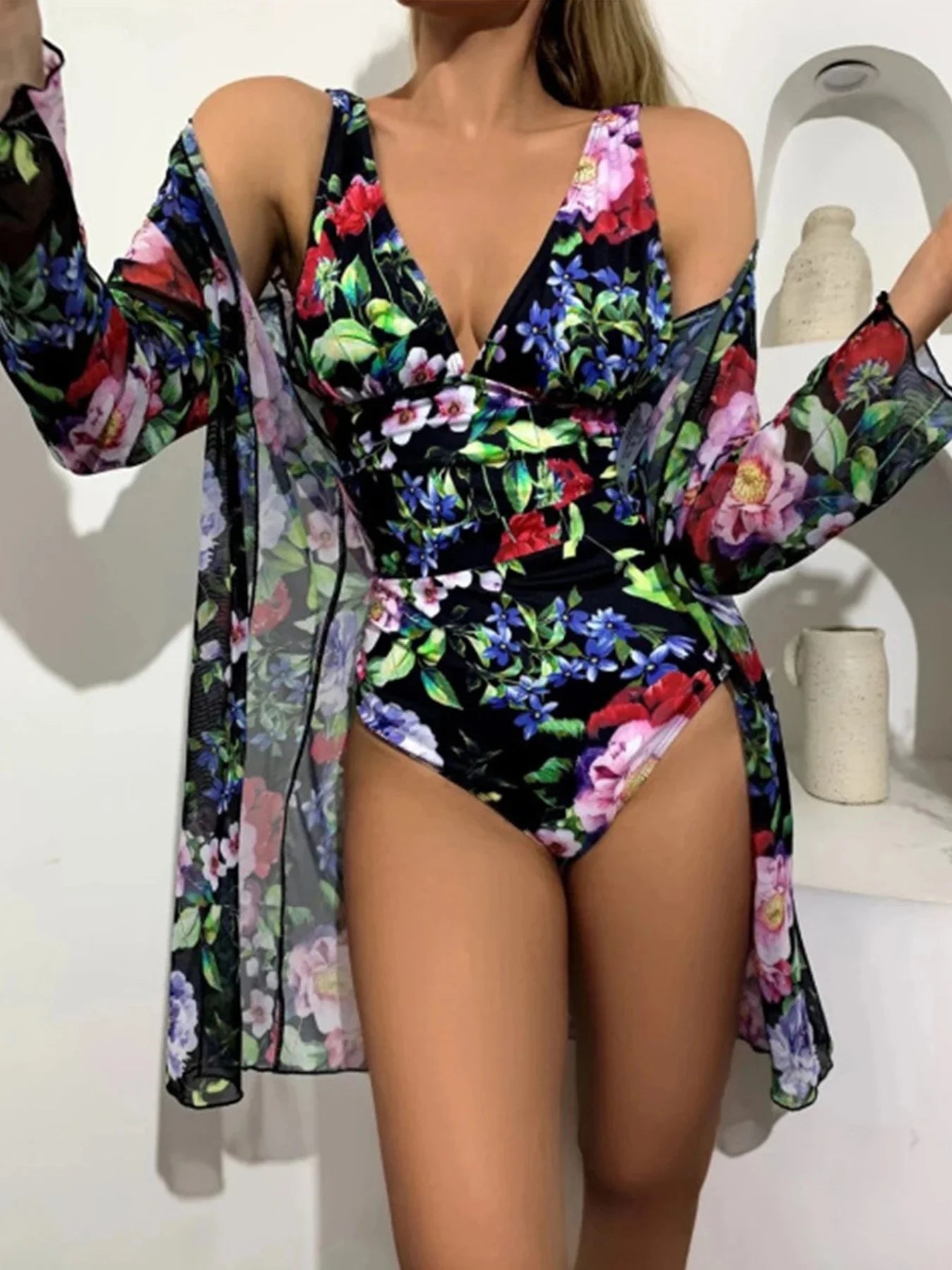 Sexy Floral Printed One Piece Swimsuit And Beach Cover-Up