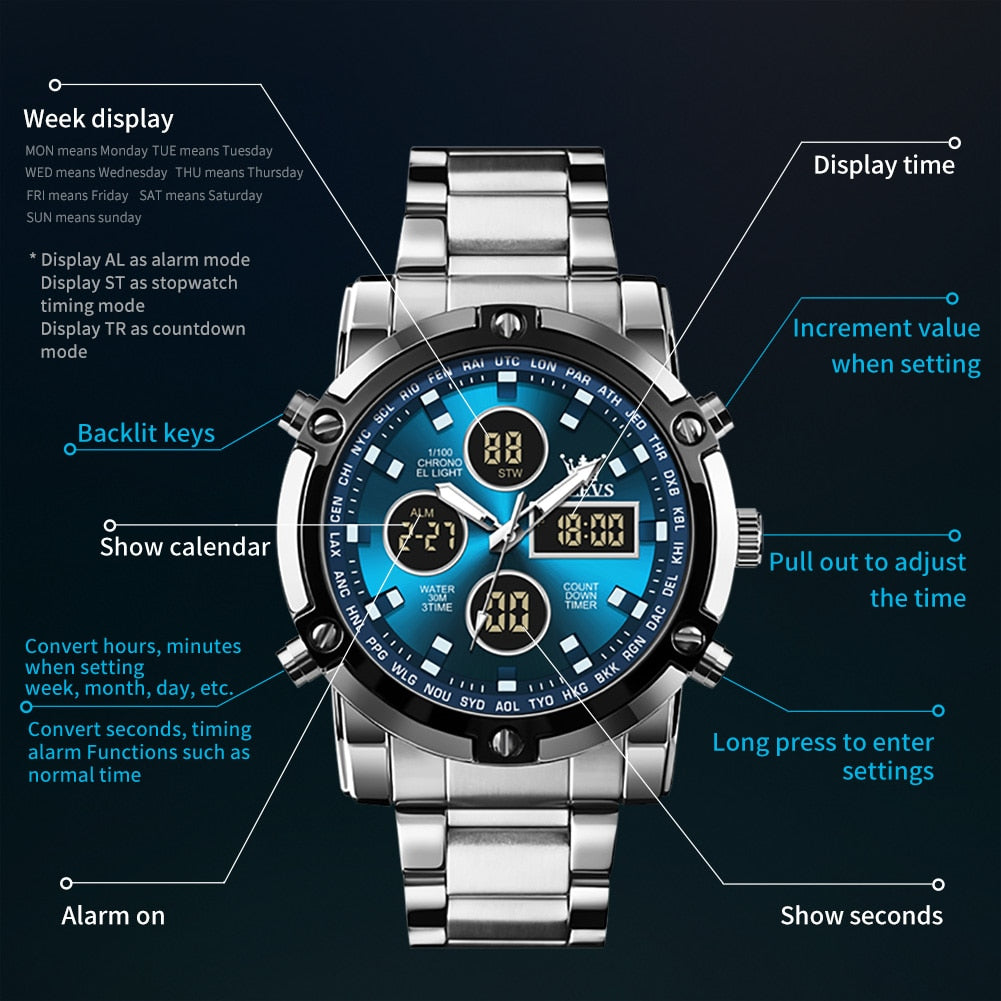 OLEVS Men&#39;s Watches Original Multifunctional Wlectronic Watch for Man Waterproof Luminous Alarm Clock Fashion Dress