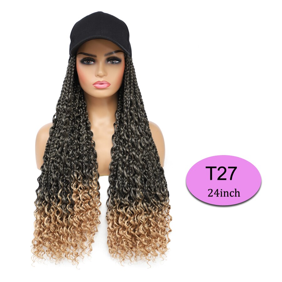 Braided Wig Baseball Cap With Boho Box Braids Hair Extensions Attached For Women Synthetic Curly Ends Box Crochet Hair Cap Wig