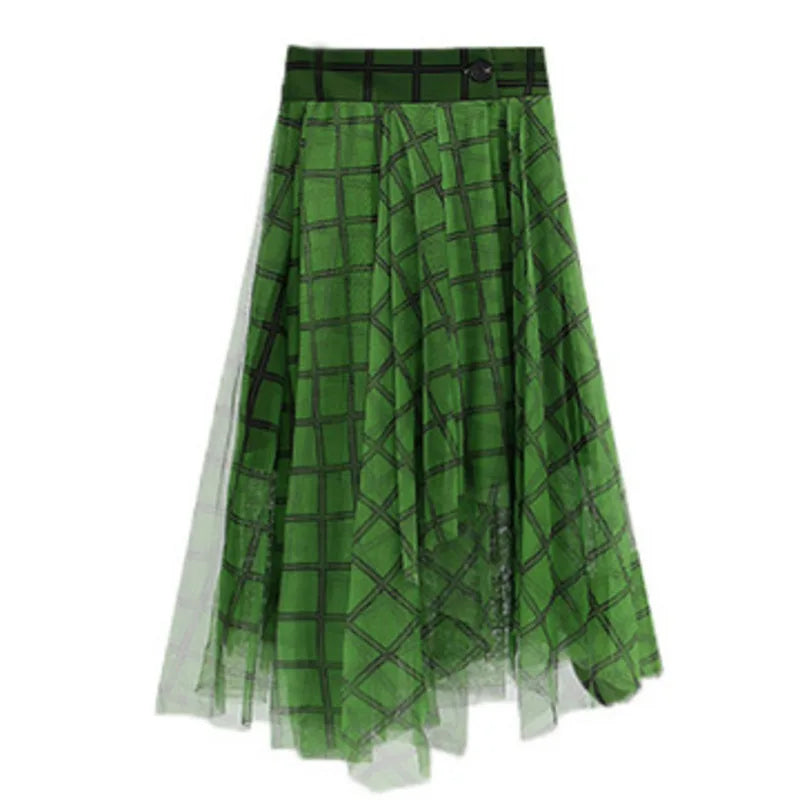 Green Plaid Print Skirt  Spring Fashion Asymmetric Elastic Waist