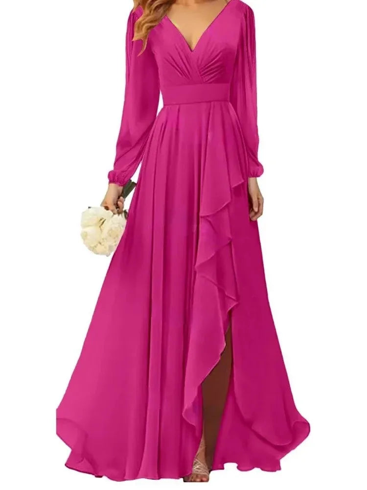 Deep V-neck Simple Evening Bridesmaid Dresses Prom Robe