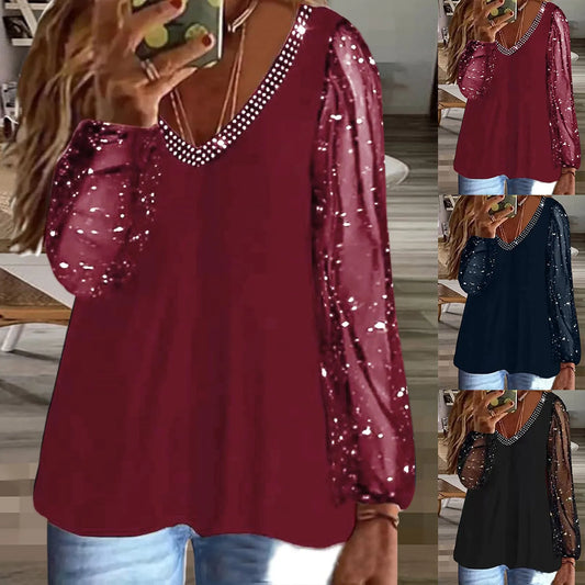 New Rhinestone V-Neck Casual Blouse