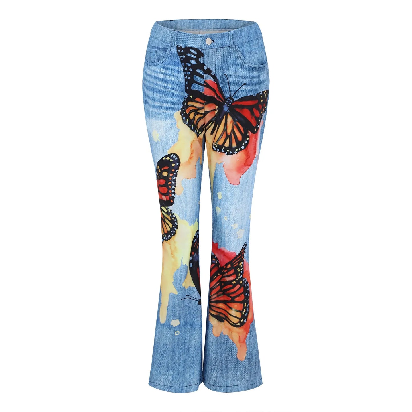 Women Retro Butterfly Printed Straight Jeans Casual comfortable