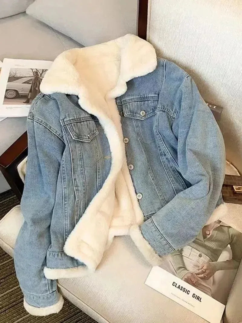 New Winter Fleece Thicken Denim Jacket Loose Casual