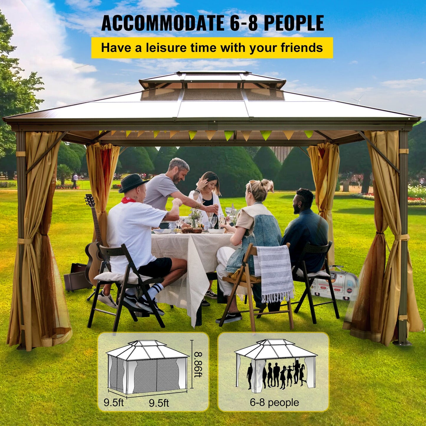 VEVOR Camping Tent Gazebo Canopy 10x10/10x12Ft Hardtop Outdoor Party Net Patio Shade Awning Shelter Picnic Backyard Lawn Wedding