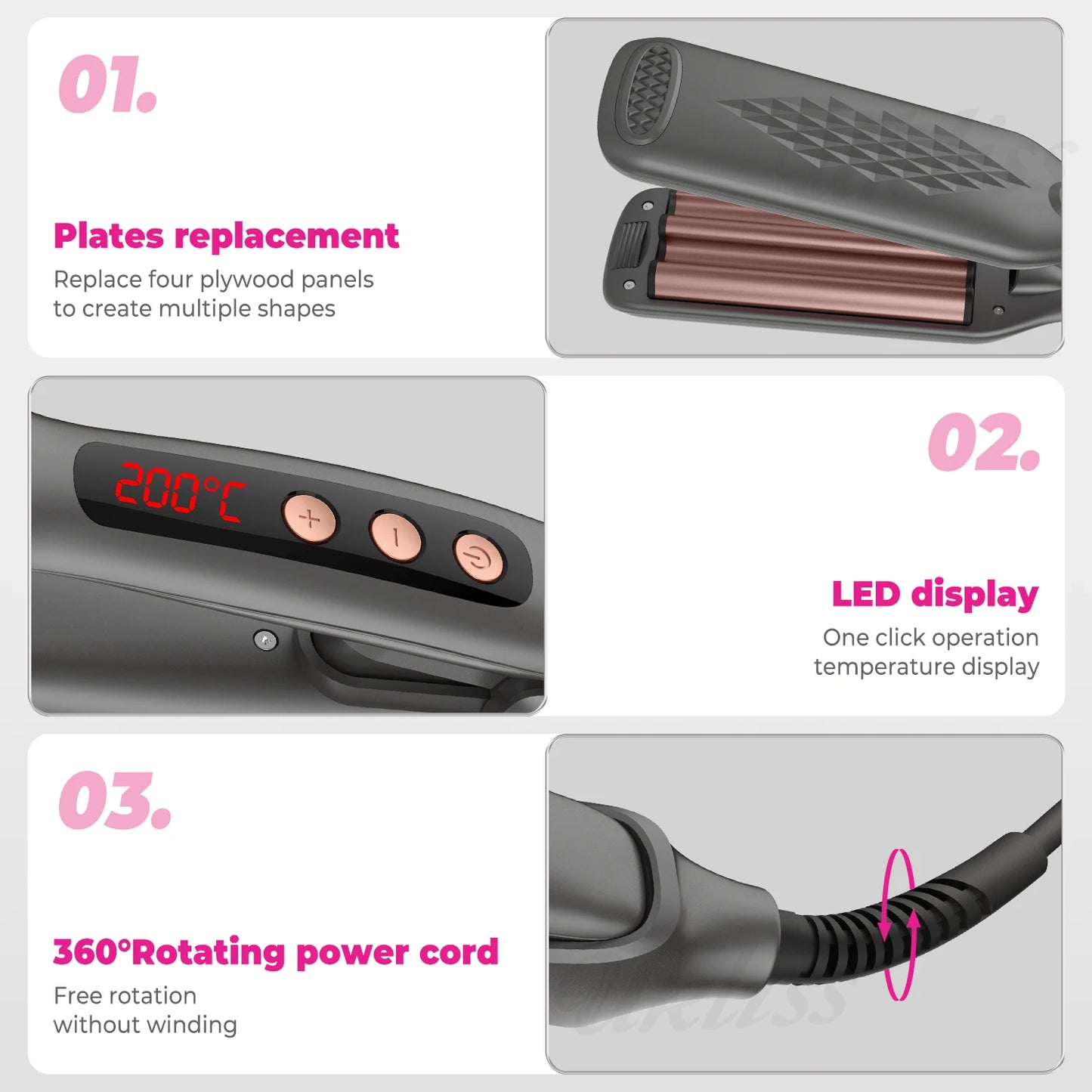 Hair Crimper with 4 Interchangeable Plates