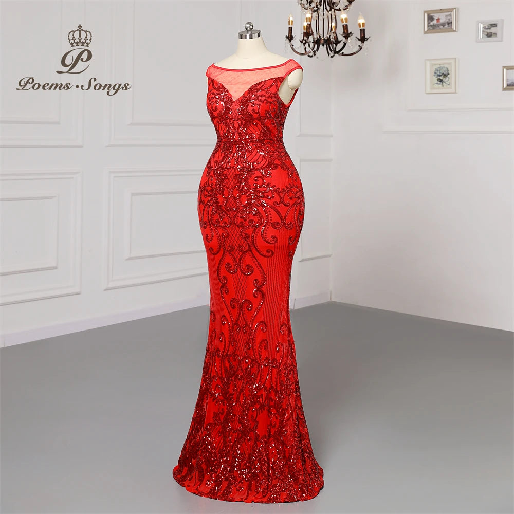 Plus size Sexy transparent yarn neck Red sequins Evening dresses prom dress evening gowns robe de soirée de mariage Maxi dress