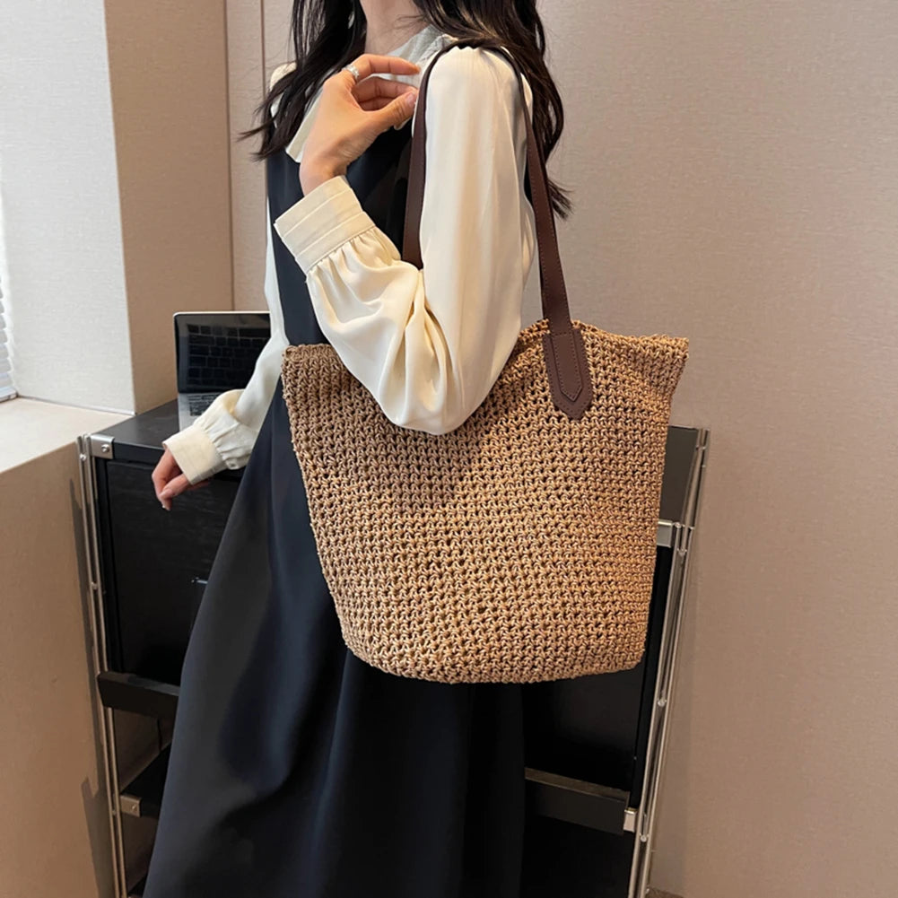 Luxury Design Straw Woven Tote Bags Summer Casual Large Capacity Handbags Bucket Basket Beach Bags Women Shoulder Shopping Bags