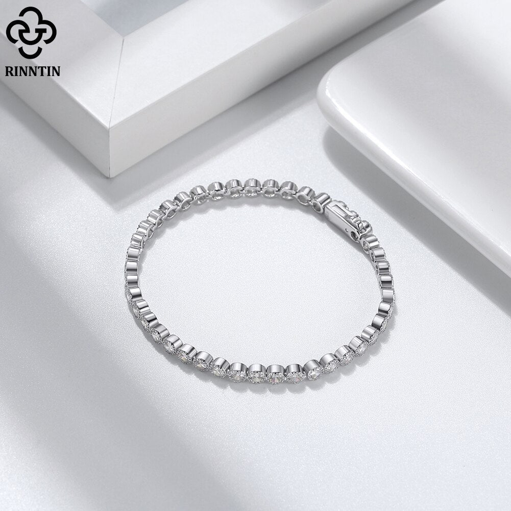 Rinntin 925 Sterling Silver Tennis Bracelet for Women 3.0mm Bezel Setting Cubic Zirconia Handmade Bracelet Jewelry SB133