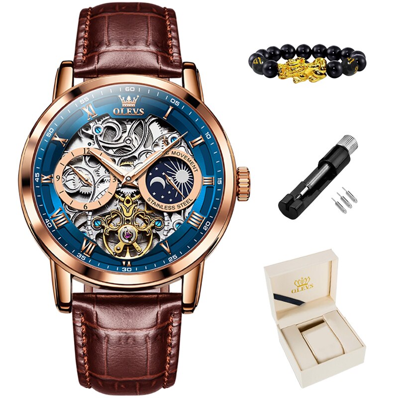 OLEVS New Mens Luxury Skeleton Automatic Mechanical Wrist Watches Waterproof Leather Moon Phrase Luminous Hands Self-Wind Watch